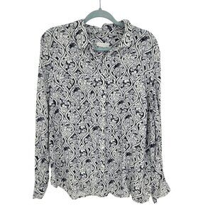 Charter Club womens size XL black white floral linen long sleeve button up